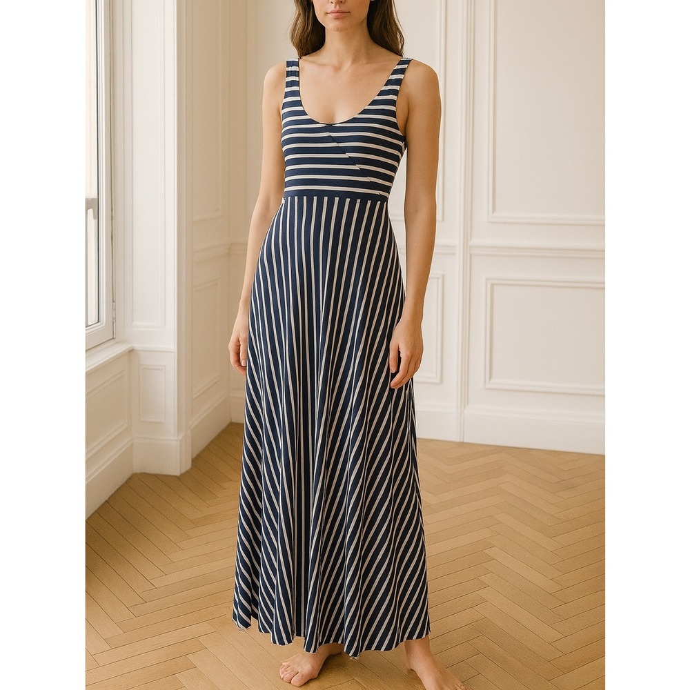 Boden Navy Blue Striped Maxi Tank Stretchy Dress 6 Long V Neck MEDIUM Nautical